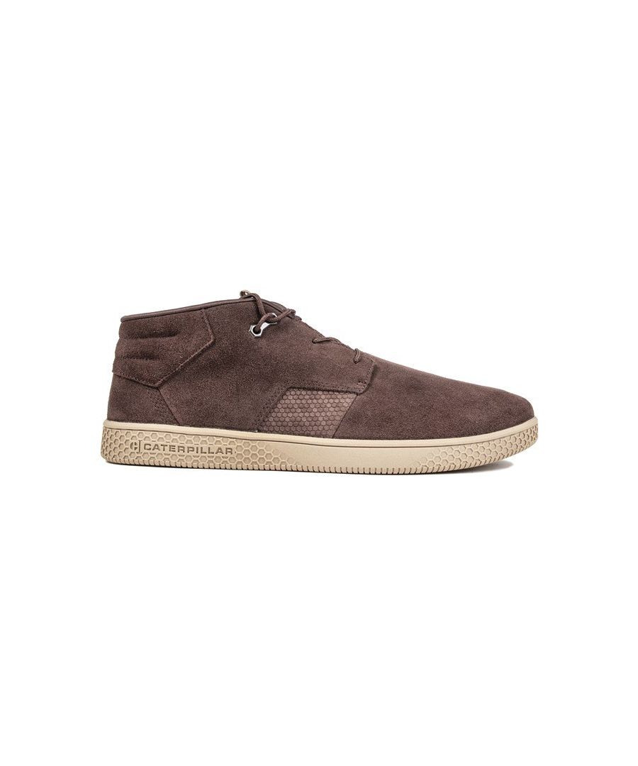 Men's Brown Caterpillar Pause Lace-up Mid Trainers With Suede Upper Featuring Invisible Eyelets, Branded Tongue Loop, Heel Panel, And Honeycomb Pattered Side Detail. These Mid-profile Shoes Have A Padded Textile Lining, Moulded Eva Midsole, And Branded Tan Rubber Sole.