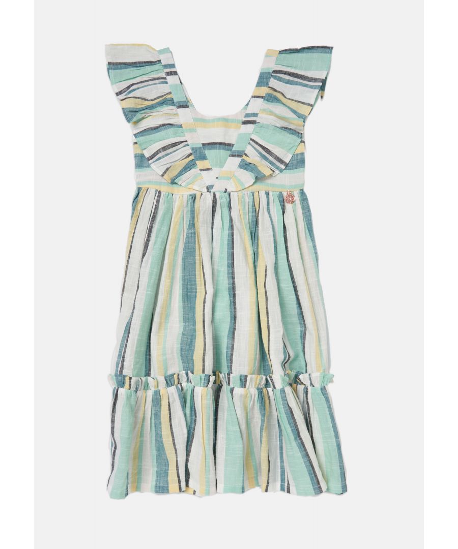 Totally dreamy! Our gorgeous multi rainbow stripe midi dress with tiered skirt and pretty shoulder frills. Slightly longer length and perfect for the summer sun! Colour: White About Me: 100% Cotton Look after me: Think planet. wash at 30c Angel & Rocket cares - made with Fairtrade cotton.