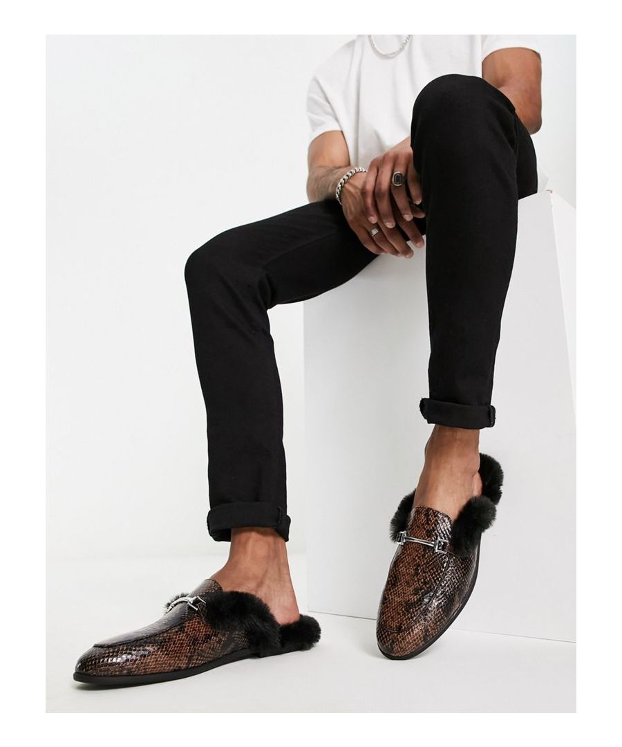Shoes by ASOS DESIGN Add-to-bag material Slip-on style Snaffle detail Apron toe Faux-fur trims Sold by Asos