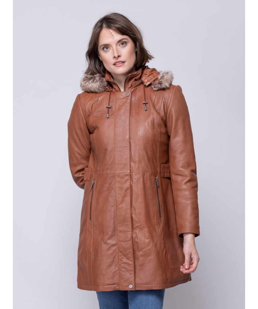 A striking take on a classic, our Rydal long leather coat in Cognac Shade is made from smooth and supple aniline leather, complete with a faux fur trimmed hood for a stunning outerwear piece.  This flattering coat is accentuated by panelled detailing, a detachable hood, plus a zip and popper fastening designed to protect you against the elements. Wrap up warm this season and beyond with this duffle inspired coat, perfect for styling with your everyday outfits.