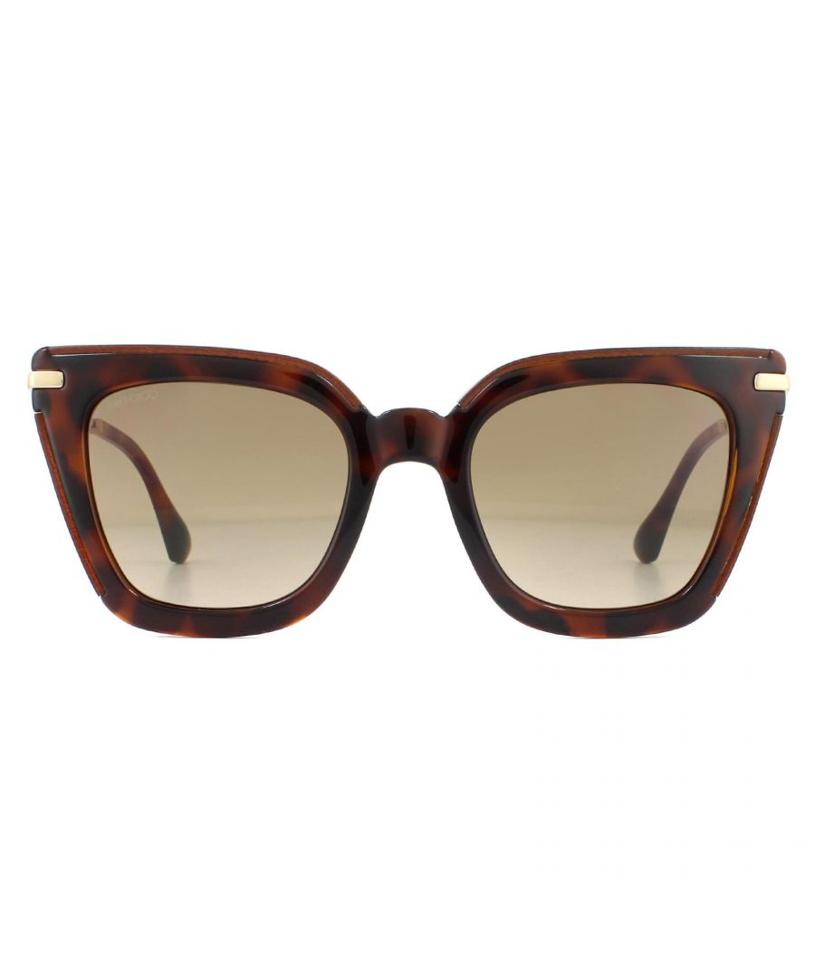 Jimmy Choo Sunglasses Ciara/G/S OCY HA Glitter Havana Brown Gradient are an edgy square style with a chunky plastic frame front and slim metal temples engraved with the Jimmy Choo logo.