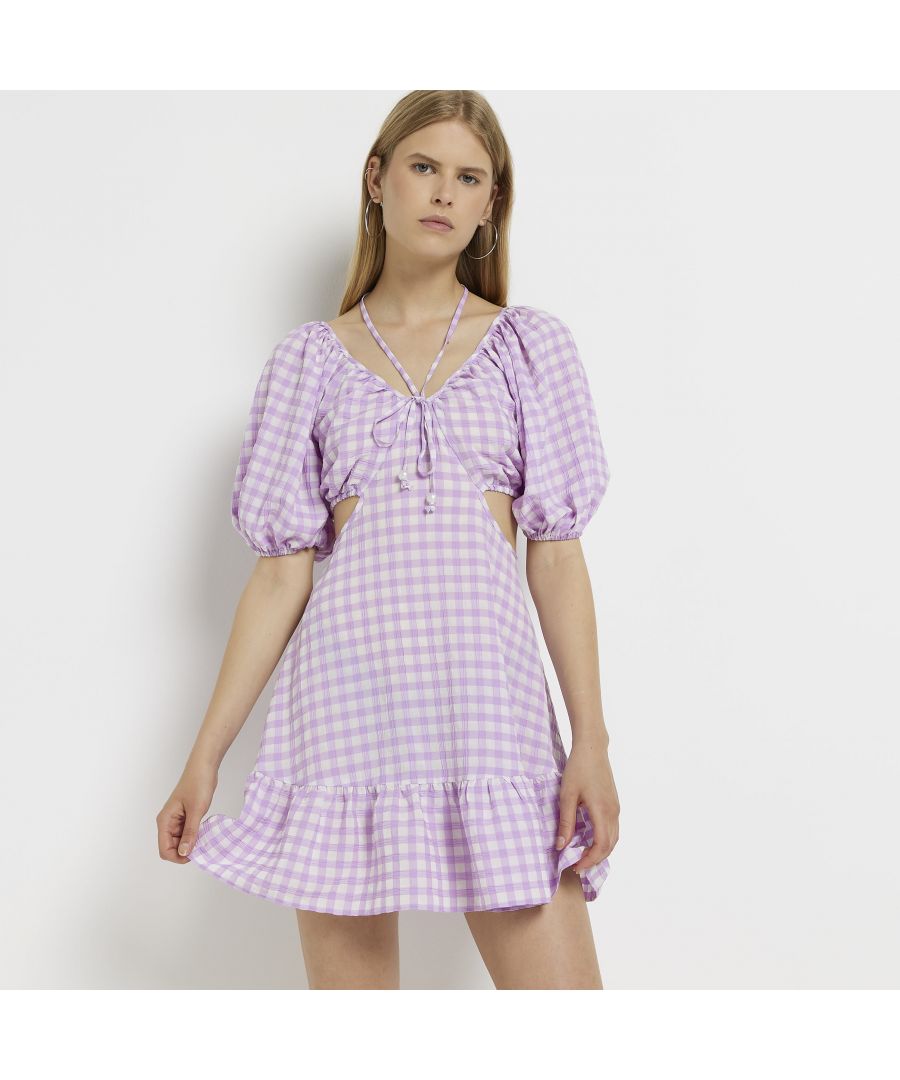 > Brand: River Island> Department: Women> Colour: Purple> Style: Cut Out> Material Composition: 100% Cotton> Material: Cotton> Neckline: Halter Neck> Sleeve Length: Short Sleeve> Dress Length: Mini> Pattern: Check> Occasion: Casual> Size Type: Regular> Season: SS22