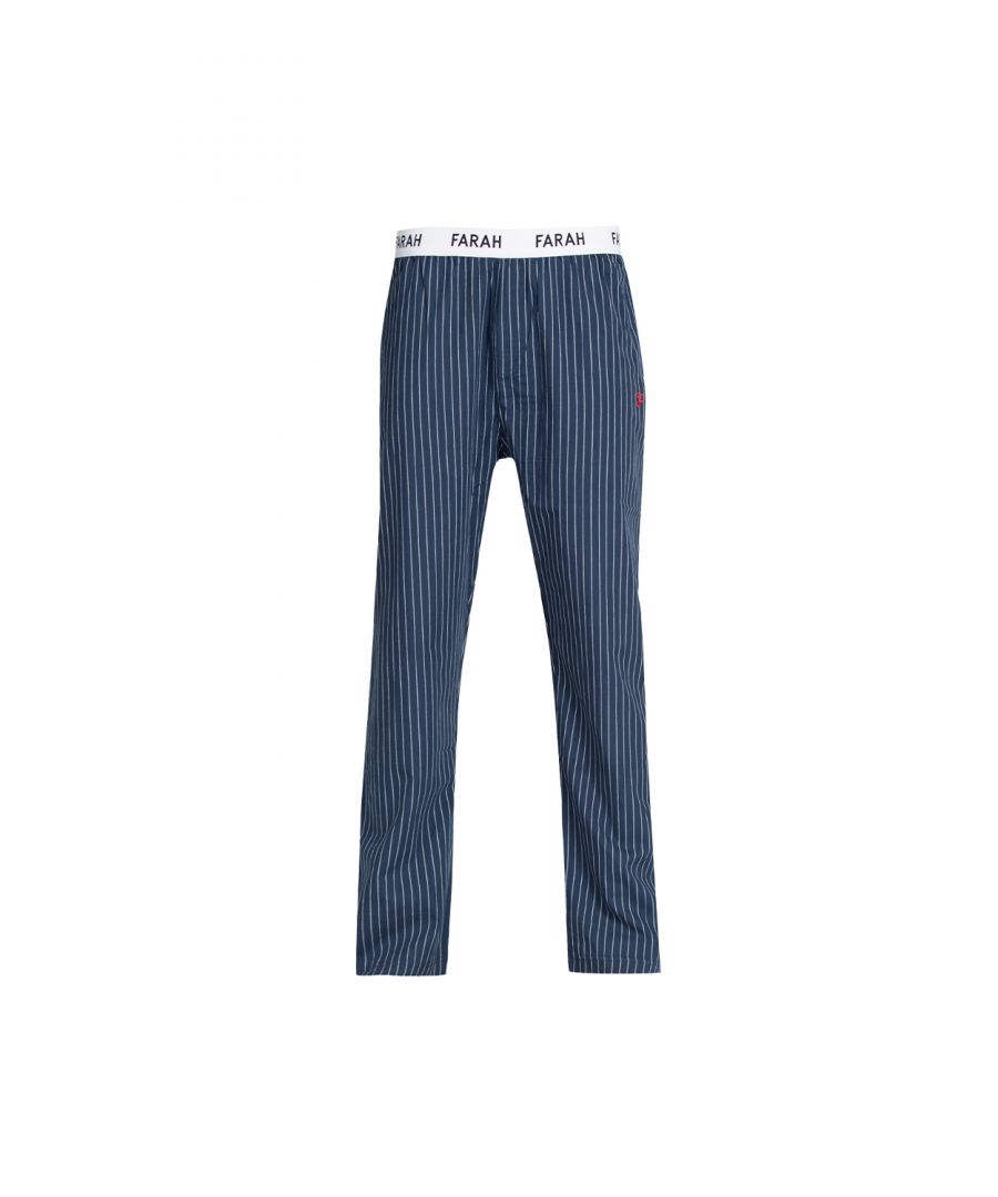 Lounge in style with the 'Sanator' lounge pants from Farah. Made from Cotton fabric for soft, breathable, and comfortable all-day wear. These bottoms feature a pinstripe detail print, Farah repeat-logo print elasticated waistband, side pockets and a small Farah logo detail on the leg. Add a Farah tee for the perfect loungewear outfit.