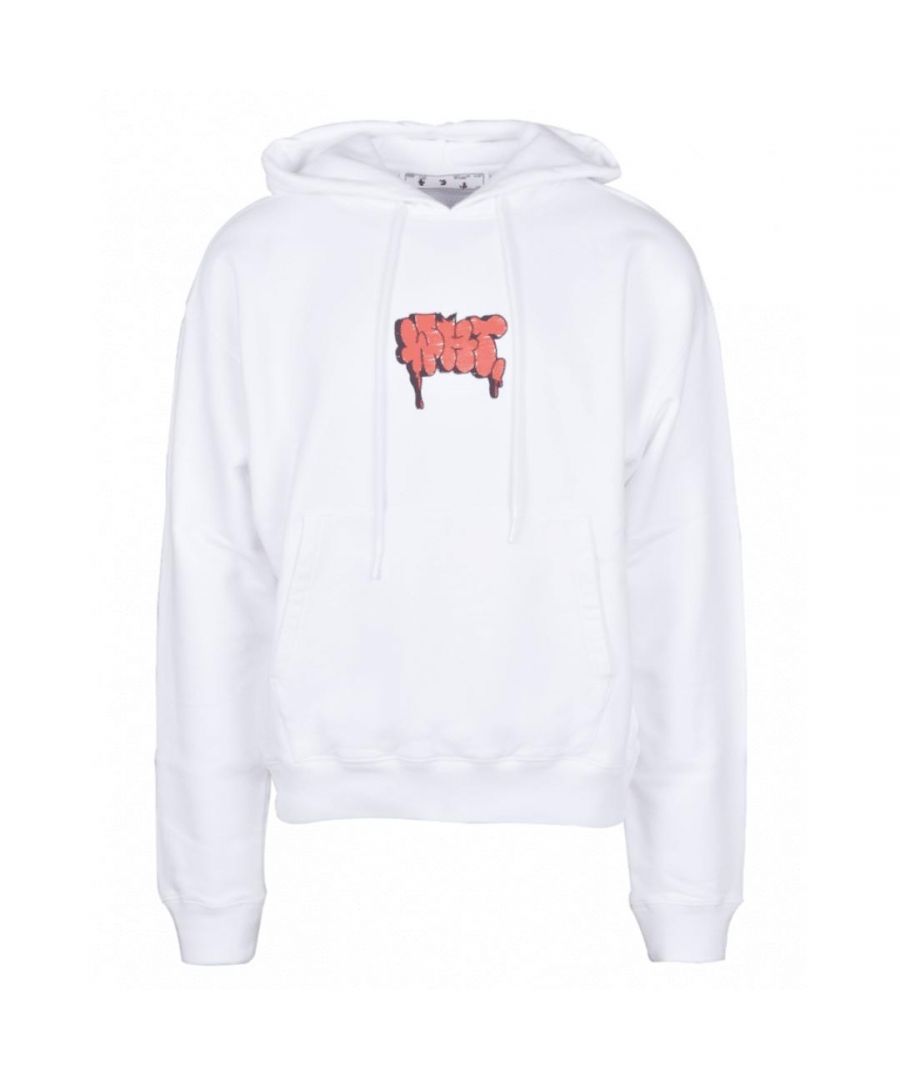 Off-White Graffiti Paint Logo White Hoodie. Off-White Graffiti Paint Logo White Hoodie. Off-White Logo Centre Chest And Back Shoulders. 100% Cotton, Made in Portugal. Drawstring Adjustable Hood, Large Front Kangaroo Pocket. OMBB037R21FLE0060125