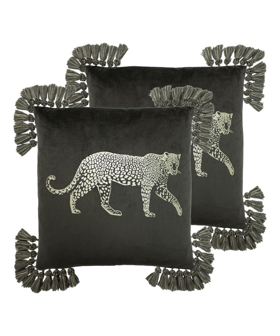 Featuring a stunning matte-finish foil leopard on soft, plush velvet, and finished with tassel fringed corners - the Roscoe cushion is the perfect addition to an eclectic home.