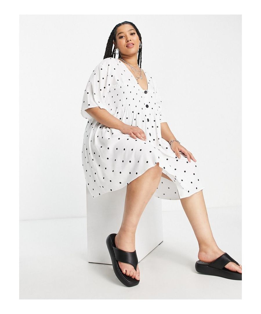 Plus-size dress by ASOS DESIGN The scroll is over V-neck Shirred, stretch panel Button-through front Regular fit Sold by Asos