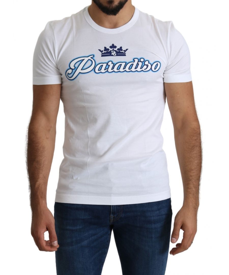 DOLCE & GABBANAGorgeous brand new with tags 100% Authentic DOLCE & GABBANA T-Shirt.Model: Roundneck Short Sleeve T-shirtColor: White with blue Paradiso crown motive printMaterial: 100% CottonFitting: Regular Fit Logo detailsMade in Italy 100% Cotton