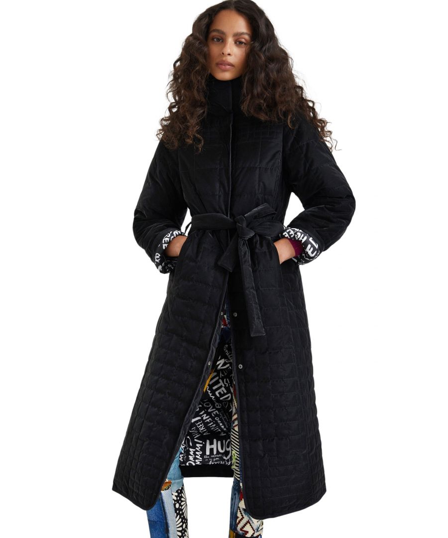 Brand: Desigual Gender: Women Type: Jackets Season: Fall/Winter  PRODUCT DETAIL • Color: black • Fastening: with automatic buttons • Sleeves: long • Pockets: front pockets  COMPOSITION AND MATERIAL • Composition: -100% polyester length:long style:button material:fur type:trench-coat hood:hood