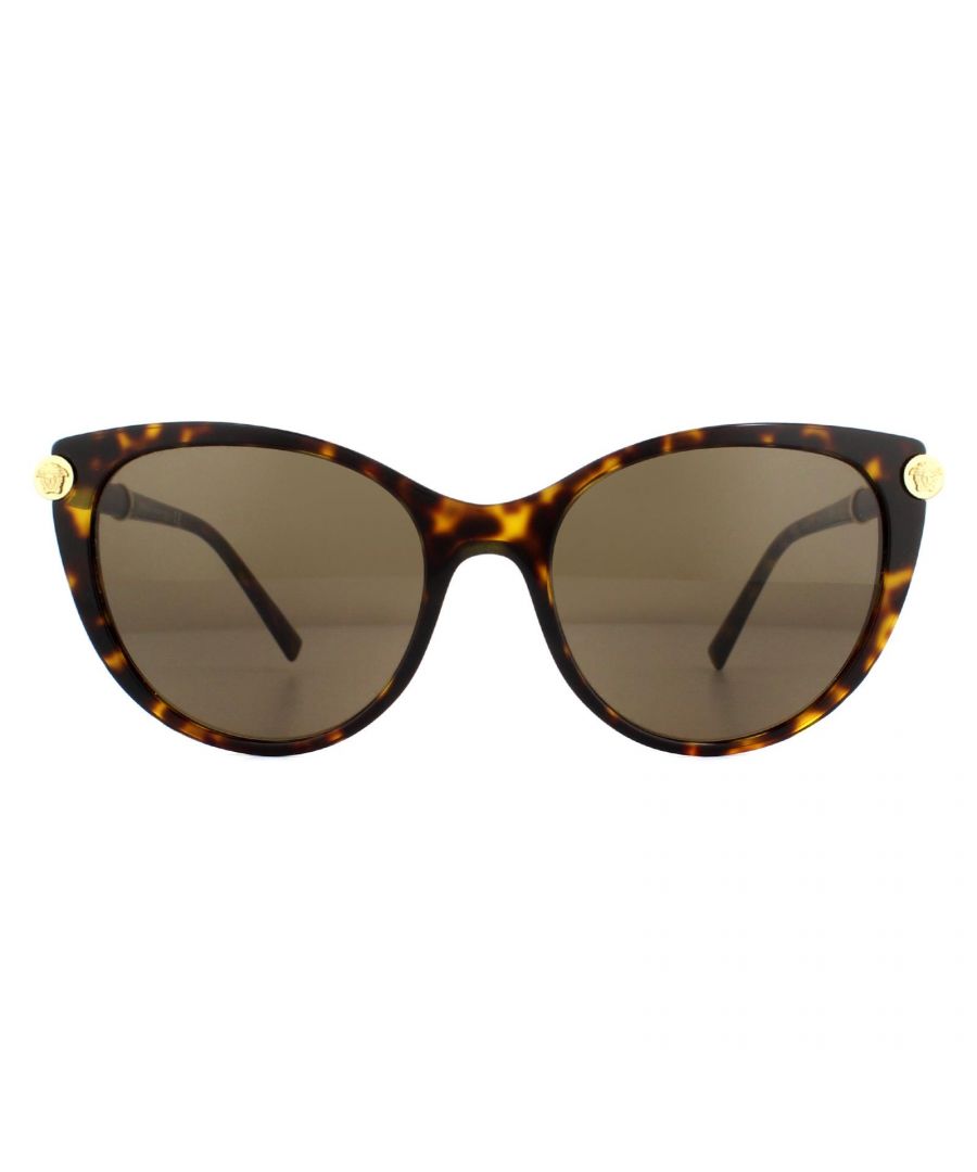 Versace Sunglasses VE4364Q 108/73 Havana Dark Brown are a chic upswept cat eye design for women. Handcrafted leather wraps around tubular temples flaunting golden metal caps. A new Medusa head medallion is integrated into the tubular metal end pieces. Easy to wear and comfortable, they're the perfect accessory for the upcoming season.