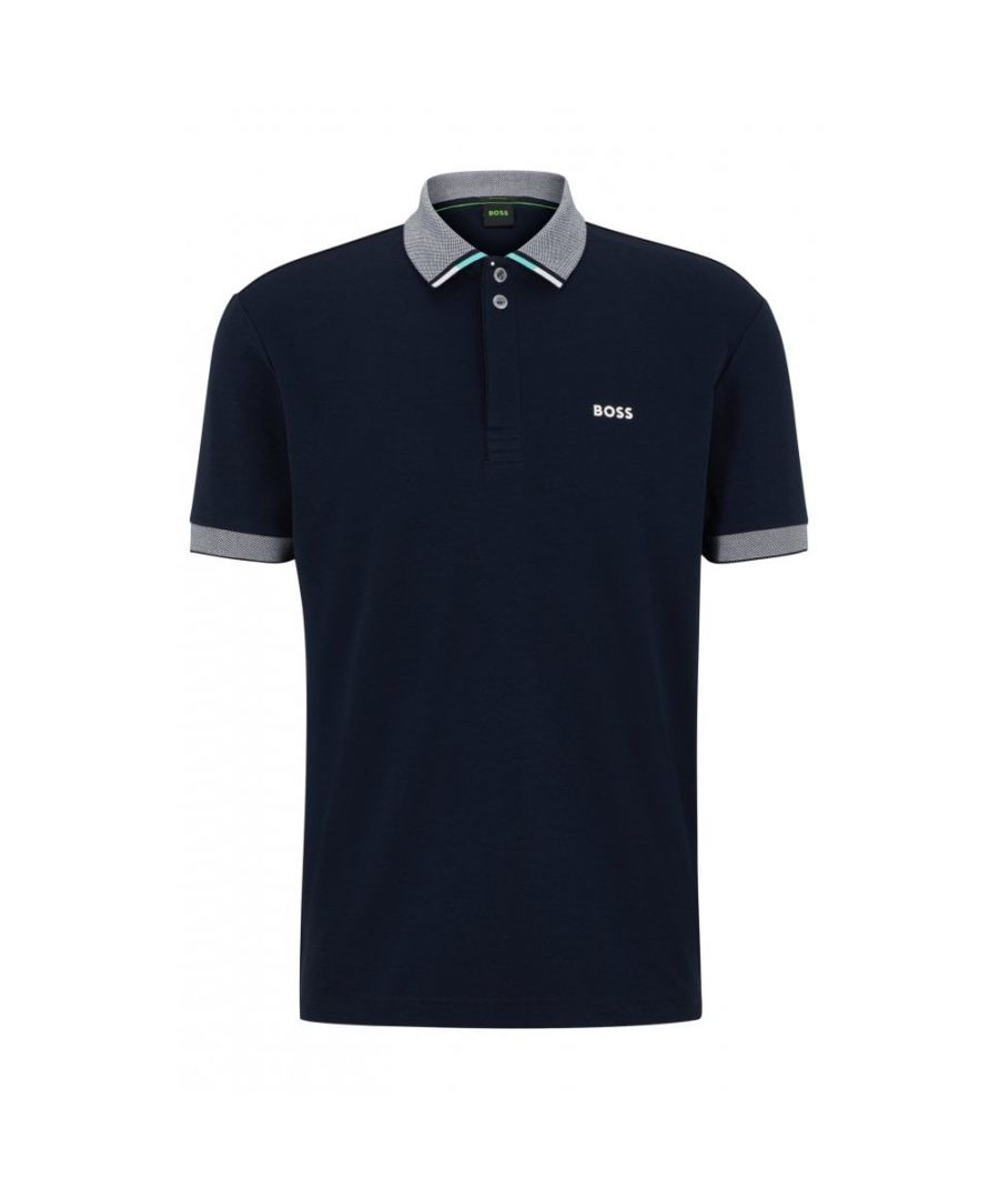 A distinctive polo shirt by BOSS Menswear, cut to a regular fit. Crafted in stretch cotton with an interlock weave, this contemporary design features contrast branding, colour-blocked details and structuring at the collar and cuffs.\nRegular fitFlat-knit collarNumber of buttons: 3Short sleevesFlat-knit cuffsStandard length\n100% Cotton\n50488259\n 