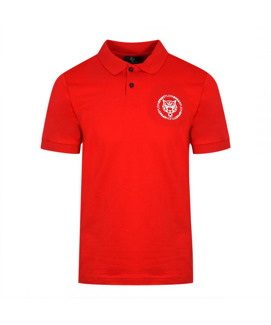 Plein Sport Circle Chest Logo rood poloshirt. Philipp Plein Sport rood poloshirt. Stretch pasvorm 95% katoen, 5% elastaan. Knoopsluiting. Badges met Plein-merk. Stijlcode: PIPS1214 52