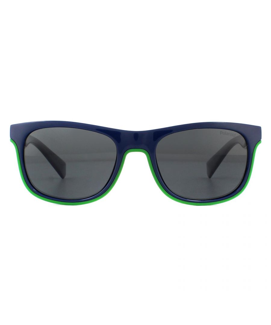 Polaroid Kids Sunglasses PLD 8041/S RNB M9 Blue Green Grey Polarized are a classic wayfarer style for kids. The lightweight acetate frame is super comfortable for all day wear with the  Polarized lenses ensuring a comfortable glare free view.