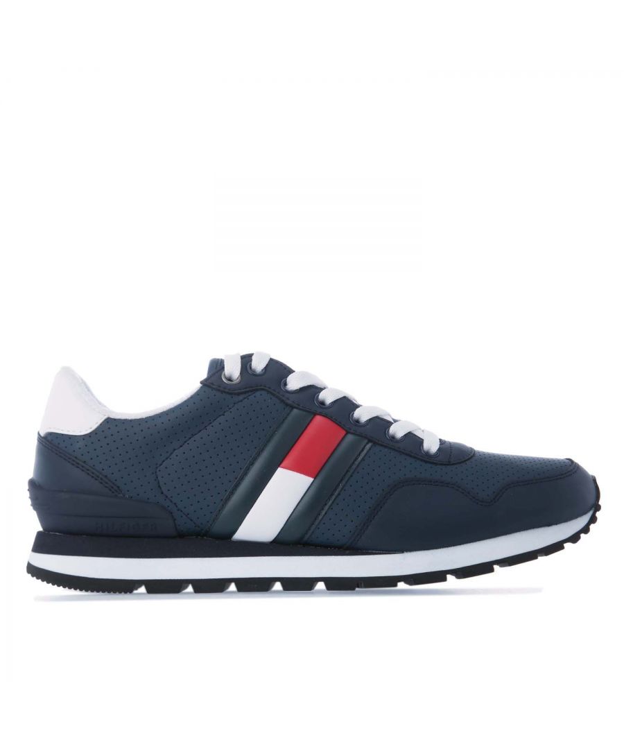 Mens Tommy Hilfiger Essential Trainers in navy.- Leather mix upper.- Lace-up fastening.- Low-top.- Perforated design.- Tommy Hilfiger branding.- Tommy Hilfiger flag at heel.- Colour-blocked panel.- Rubber and natural rubber outsole.- Leather upper  Textile lining  Synthetic sole.- Ref: EM0EM00263006