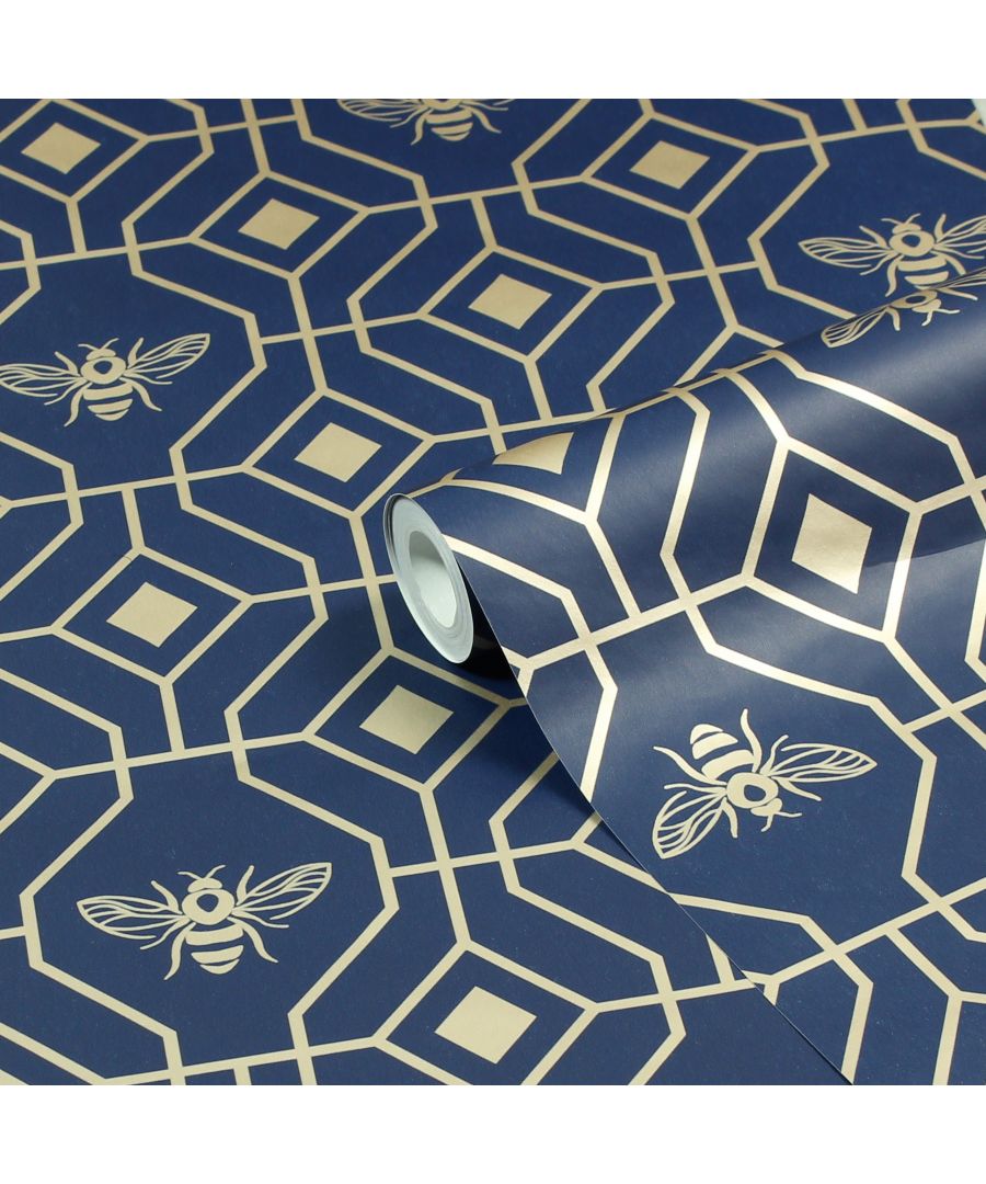 Make your boudoir buzz with the Bee Deco wallpaper featuring a honeycomb inspired geometric design completed with buzzing bumble bees. A rich dark blue hue sits behind metallic gold foil, bringing a contemporary and moody colour scheme into your home. This wallpaper is a paste the wall application; simply paste the wall, hang your paper, and leave to dry. Each roll is 10m long and 52cm wide. Pattern repeat: 53cm Straight match. Our Bee Deco wallpaper can be used to paper the whole room or to create an eye-catching feature wall. This wallpaper is also wipeable so that any light marks can be dabbed away.