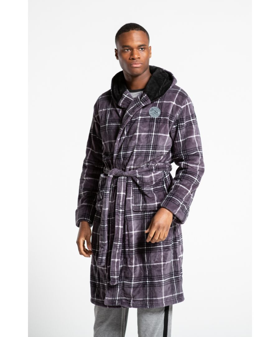 This check print dressing gown from Tokyo Laundry is a cosy classic. Features hood with contrast lining, two front pockets, belted tie fastening, and Tokyo Laundry felt patch logo. Pair with Tokyo Laundry pyjamas to complete the look.