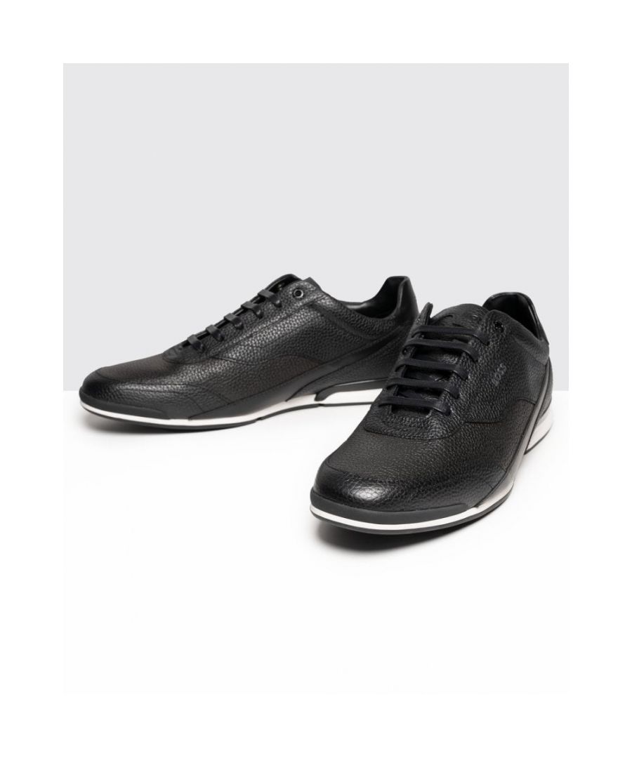Sporty trainers by BOSS. Featuring branding at the tongue, side panel and back tab, these low-profile trainers are crafted in a combination of grained and perforated leather. \nLacesFully linedPackaging: Box           \nUpper material: 100% Cow skin, 50% Cotton, 100% Polyurethane, 50% ViscoseSole: 80% Rubber, 20% Thermoplastic polyurethaneFacing: 100% PolyurethaneInnersole: 50% Cotton, 50% Viscose\n50470378