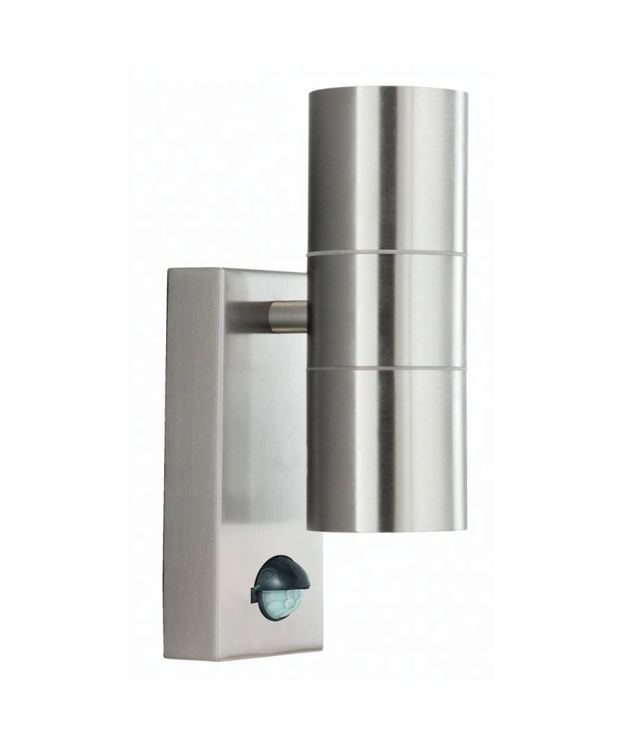 This Stainless Steel 2 LED Outdoor Light with Motion Sensor is perfect for welcoming you home and deterring would-be intruders. The rectangular wall attachment features a modern motion sensor connected to a stylish cylindrical light, with two lamps providing both uplight and downlight. It is also IP44 rated and fully splash proof to protect against the elements. Complete with LED lamps. | Finish: Cast Aluminium | Material: Glass | IP Rating: IP44 | Height (cm): 22 | Length (cm): 7 | No. of Lights: 2 | Lamp Type: GU10 | Bulb: LED | Wattage (max): 3