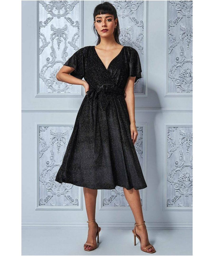 Goddiva Womens Sparkle Wrap Style Flutter Sleeve Midi Dress - Black Sequin - Size 12 Uk