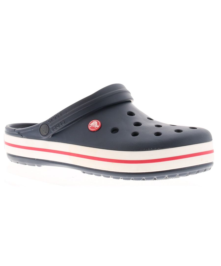 Crocs Crocband Unisex Beach Clog Sandals Navy. Manmade Upper. Manmade Lining. Synthetic Sole. Unisex Crocband Lightweight Croc With Form-To-Toe Fit Heel Strap.