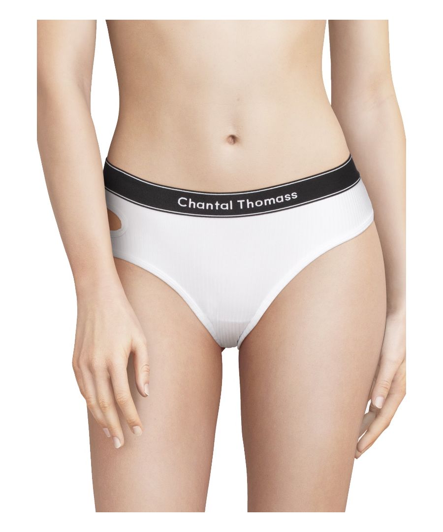 Chantal Thomass 211 Honoré Thong. Ribbed knit with a microfibre lining and cut-out feature. Product is made of 92% Nylon, 8% Elastane and is hand-wash only.