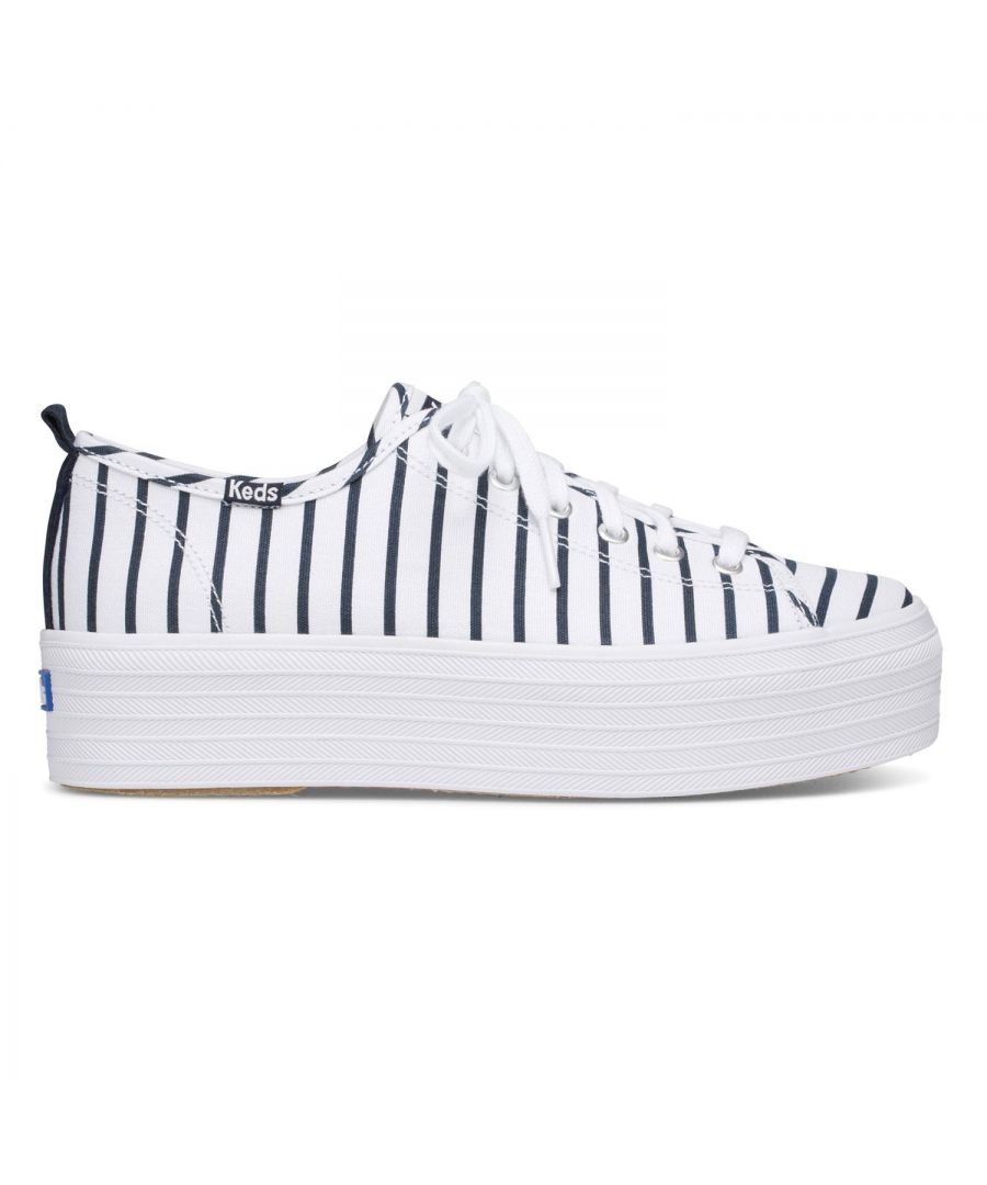 Keds Women's TripleUp Breton Stripe Rubber-soled Canvas White & Navy Shoes\n\nOur signature sneaker with a seasonal twist. Our iconic Champion first debuted in 1916, the first rubber-soled canvas shoe of its kind. With its timeless minimalist silhouette and goes-with-everything style, it's been a staple of women's wardrobes around the world for over 100 years. Every season we turn it out in the latest materials and shades so that there's one for every outfit, mood, and occasion\n\nFeatures:\n\nCanvas upper\n4 eyelet lace-up sneaker\nSoft breathable lining\nCushioned footbed\nFlexible, textured rubber outsole\nImported \n\nCare instructions: spot wash, air dry only