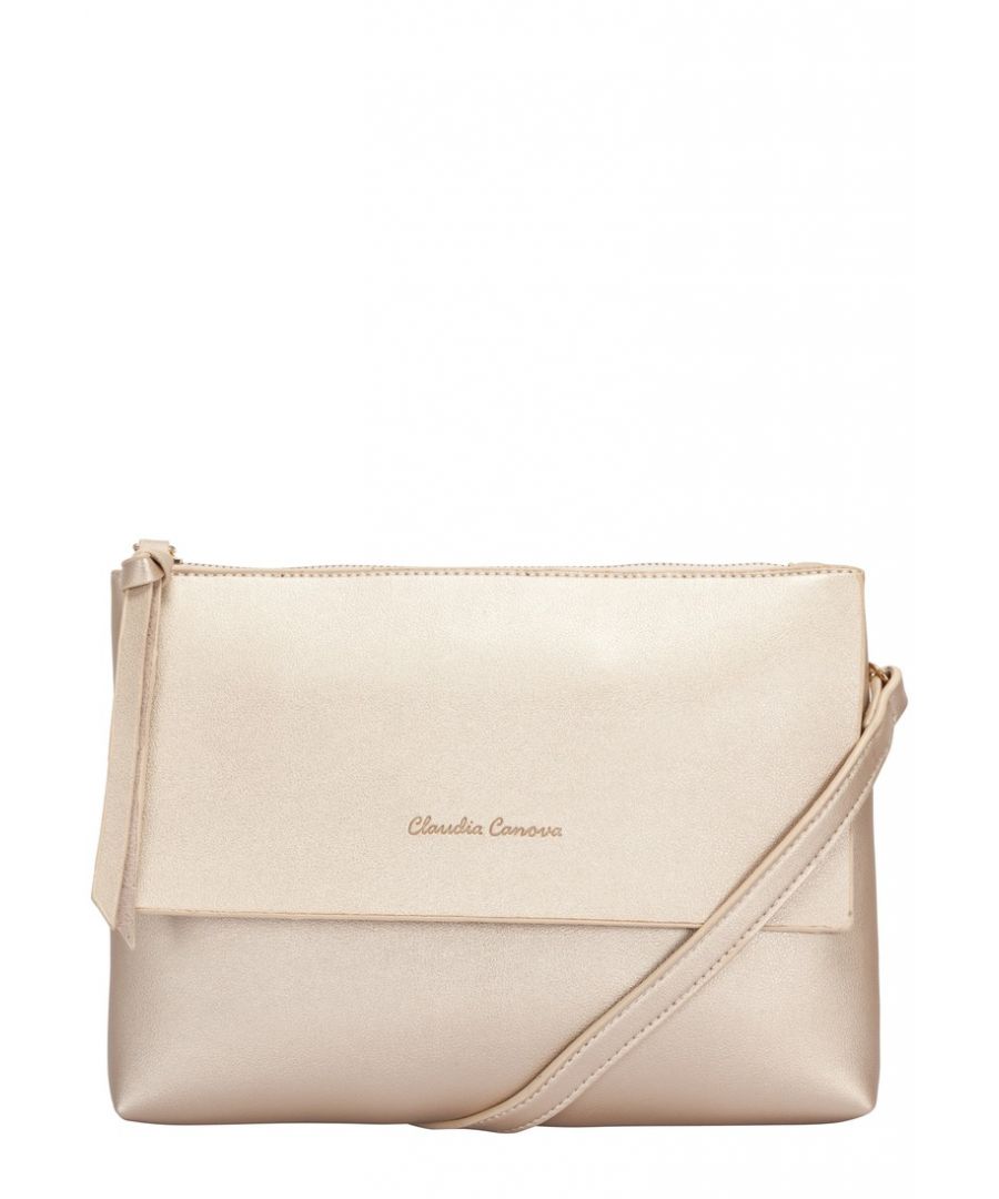 Add a fashion forward finish to your look with the Eloise metallic cross body. The unlined metallic PU finish makes this bag lightweight and the perfect hands free option for on-the-go girls. The metallic finish is complimented by minimal design features such as the Claudia Canova debossed logo, zip pull feature, and removable shoulder strap allowing the bag to double up as a clutch to take your look from day to night with ease. Features: , Unlined metallic finish PU, Claudia Canova debossed logo, Zip top opening, Zip pull feature, Soft and flexible shape, Removable shoulder strap Style Ref: 82238 GOLD