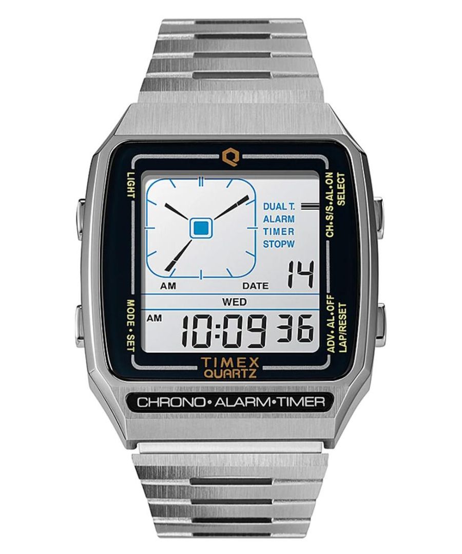 This Timex Reissue Digital Watch for Unisex is the perfect timepiece to wear or to gift. It's Silver  Rectangular case combined with the comfortable Silver Stainless steel watch band will ensure you enjoy this stunning timepiece without any compromise. Operated by a high quality Quartz movement and water resistant to 3 bars, your watch will keep ticking. Sporty and latest design perfect for all men who enjoy sports! -The watch has a calendar function: Day-Date, Stop Watch, Timer, Dual Time, Alarm, Light High quality 20 cm length and 18 mm width Silver Stainless steel strap with a Fold over clasp Case Measurement: 33x40 mm,case thickness: 9 mm, case colour: Silver and dial colour: LCD