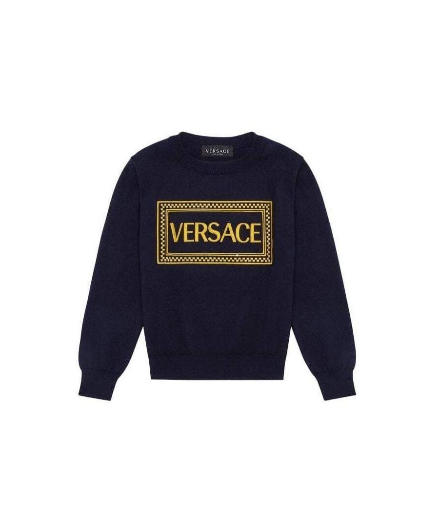 This Versace Sweater is fit for school or a playdate, this soft cotton sweater is embellished with an embroidered Versace 90s Vintage logo.