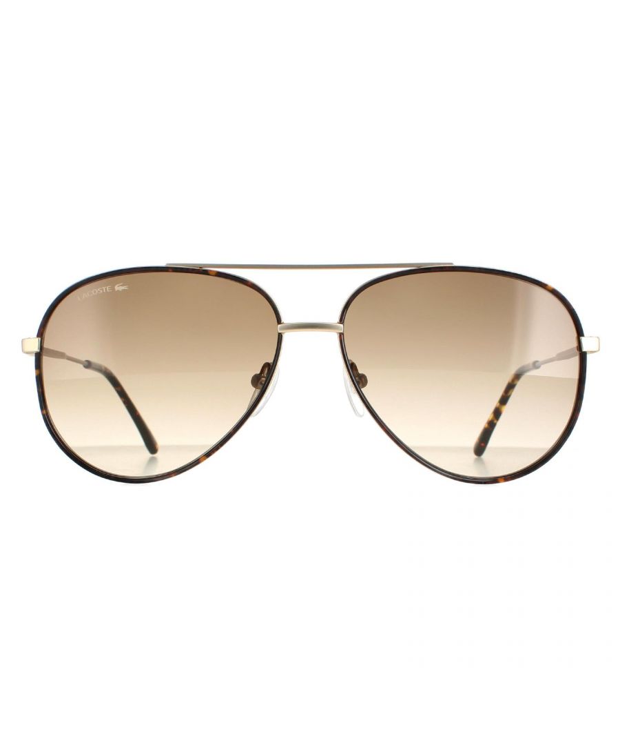 Lacoste Aviator Mens Matte Gold Brown Gradient L247S  L247S are a sleek aviator style crafted from lightweight metal. The silicone nose pads and plastic temple tips ensure all day comfort. Lacoste's emblem features on the slender temples for brand authenticity.