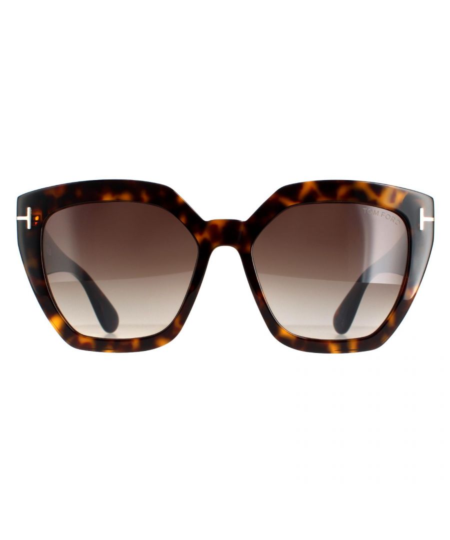 Tom Ford Cat Eye Womens Dark Havana Gradient Roviex Brown FT0939 Phoebe Sunglasses feature wide winged temples on this strong cat eye style with a very bold silhouette