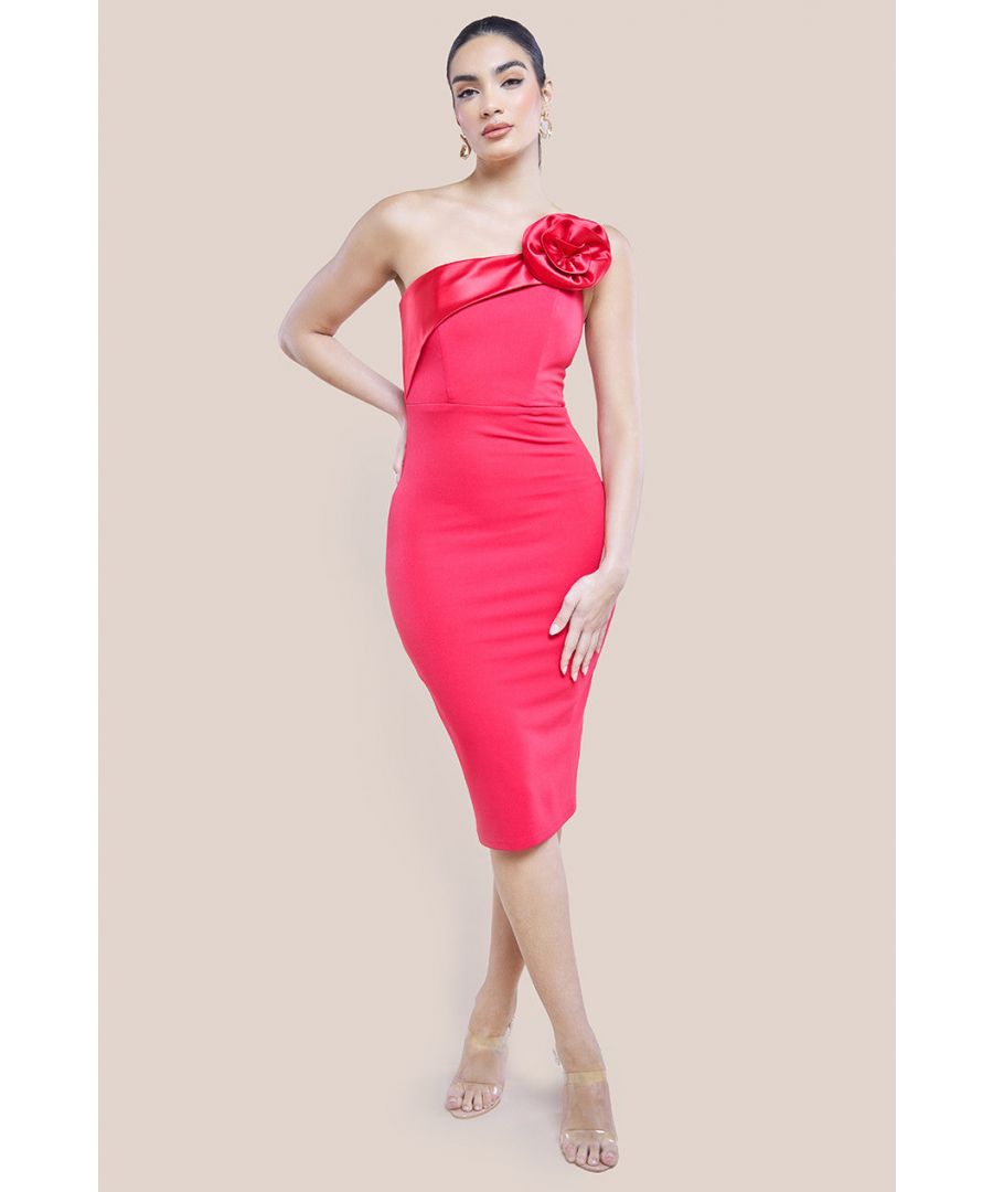 Goddiva Womens Satin Corsage Scuba Crepe Midi Dress - Pink - Size 18 UK