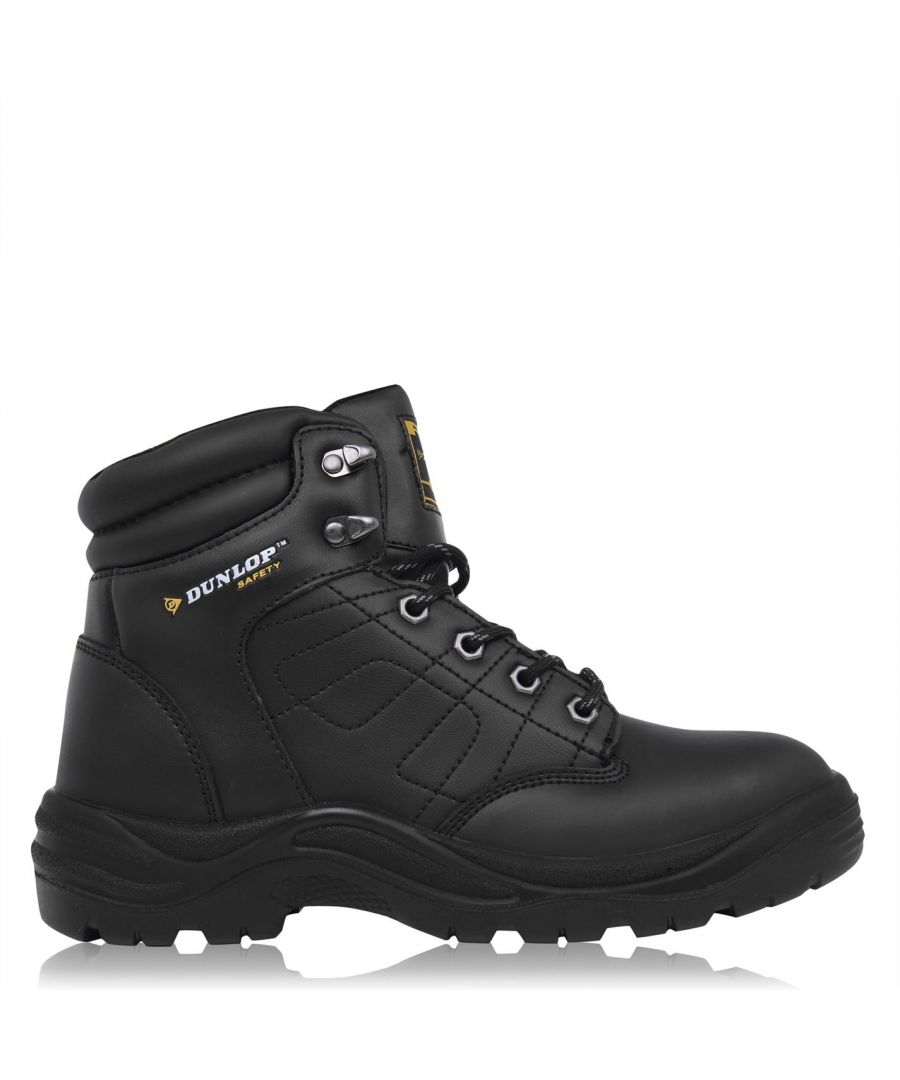 Dunlop Dakota Mens Safety Boots The Mens Dunlop Dakota Safety Boots are great for the workplace, designed with an slip resistant outsole with an acid and oil resistant finish, teamed with a steel toe cap for extra protection. These Dunlop safety boots also come with a high cut padded ankle collar and lace up front for a secure and comfortable fit, finished off with the Dunlop logo to the sides. > Mens safety boots > Laced > Padded ankle collar > Shock-absorbing heel > Slip, acid and oil resistant outsole > Steel toe cap (200 Joule impact protection) > Compression (Crushing) 15,000 Newton > Dunlop logo > EN ISO 20345:2011 SB SRA > Coated leather / synthetic upper, textile inner, synthetic sole