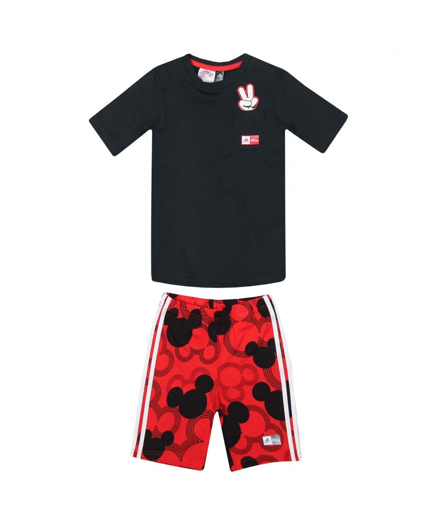 Baby Boys adidas x Disney Mickey Mouse Summer Set in black - white - vivid red.T-Shirt:- Ribbed crew neck.- Short sleeves.- Patch pocket at left chest.- adidas x Disney branding and Mickey Mouse graphic at left chest.- Regular fit.- Main material: 100% Organic cotton.  Machine washable.Shorts:- Elasticated waist with inner drawcord.- Allover Mickey Mouse graphic print.- Contrast 3-Stripes to sides.- adidas x Disney branding above left hem.- Slim fit.- Main material: 100% Organic cotton.  Machine washable.- Ref: GM6939Please note this style is sold as a set.  Returns will only be accepted if both items are returned together.