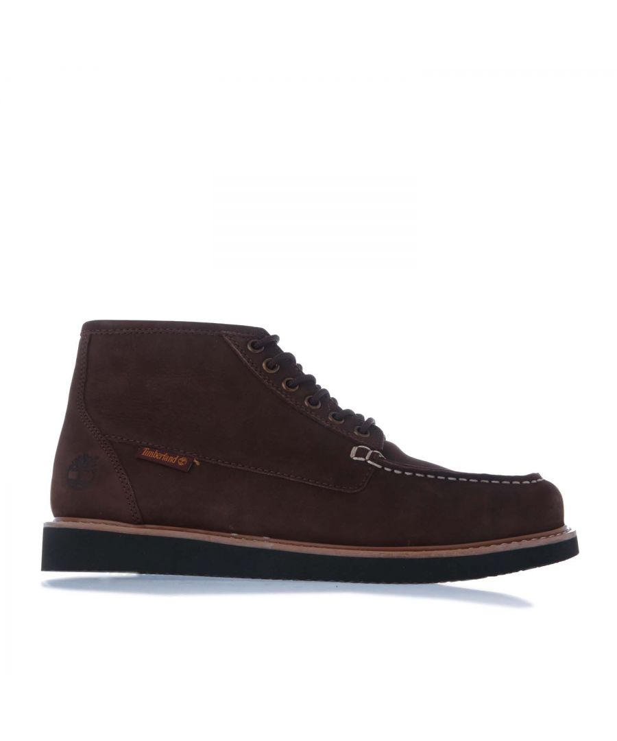 Mens Timberland Newmarket Boat Chukka Boot in brown.- Super soft premium leather.  - Lace fastening.- Cushioned footbed. - Contrast stitching.- Branding to the tongue and side.- Supportive rubber outsole.- Leather upper  Textile lining  Synthetic sole.- Ref: CA2BT6