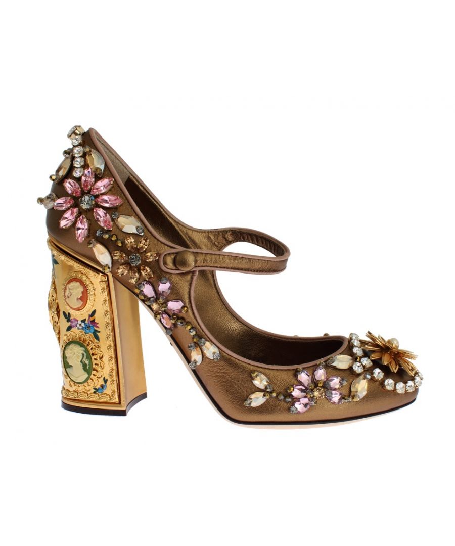 Image for Dolce & Gabbana Gold Leather Crystal Heel Mary Janes Pumps