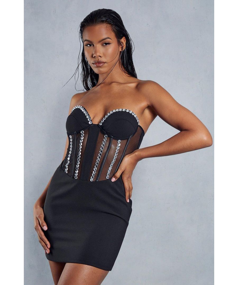 Misspap Womens Diamante Trim Sheer Mesh Insert Bandeau Bodycon Mini Dress - Black - Size 10 Uk