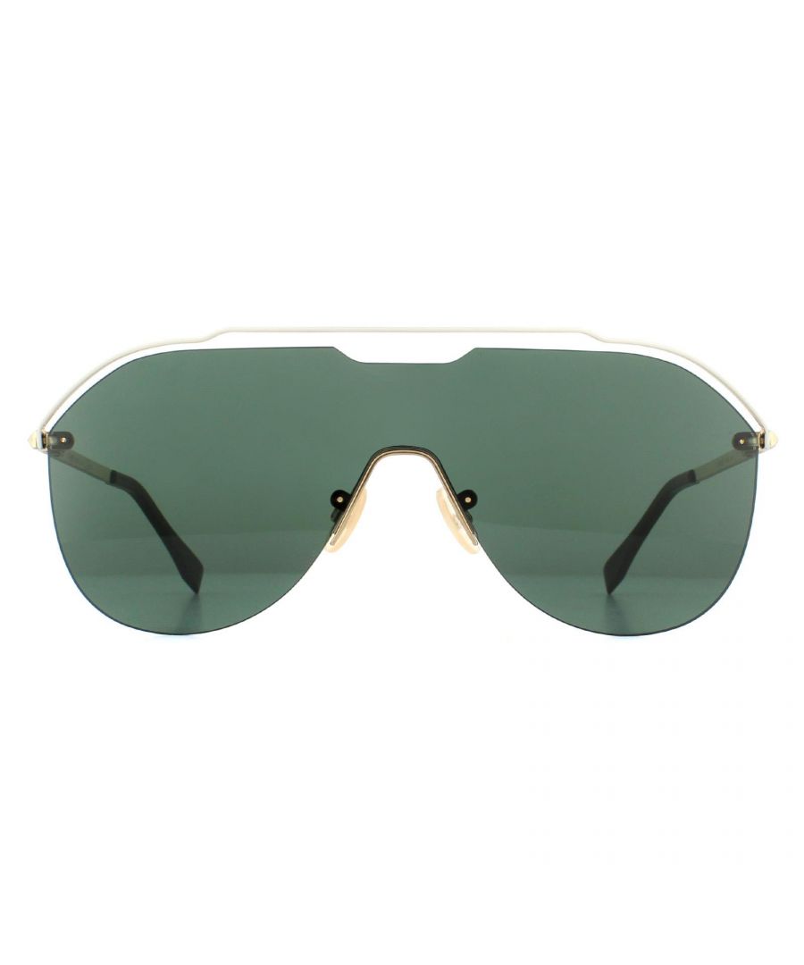 Fendi Sunglasses M0030/S J5G QT Gold Green are a contemporary shield design, with one large lens. These oversized sunglasses also have a top bar, which is very unusual for this style! Metal temples are tipped with plastic for comfort and engraved with the brand's logo.