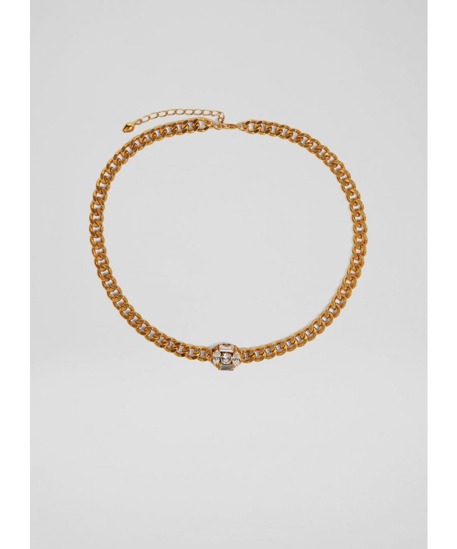 A contemporary take on a vintage choker, our Emery necklace sits in our LKB Conscious collection and is perfect for party season or dressing up winter knits.  Ethically and sustainably crafted in Britain from gold-plated brass, it's a simple chain style with a crystal setting to the front. Wear it with the Eva earrings for sparkles and pearls with a modern feel.