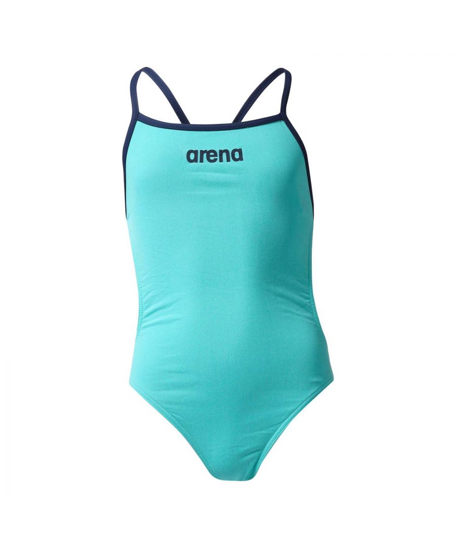 Junior Girls Arena Solid Tech Swimsuit in mint.- Open back.- Back strap style.- Maxlife technology contained within the fabric.- Chlorine resistant.- UV protection up to and above factor 50.- Quick-drying.- Regular cut.- 100% Polyester.- 2A264870