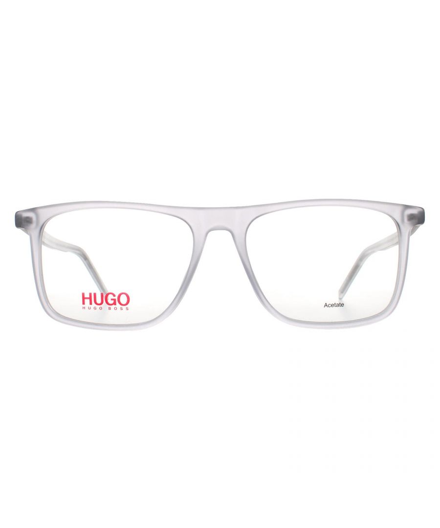 Hugo by Hugo Boss Rectangular Mens Matte Grey 90031100 Hugo by Hugo Boss are a cool rectangular style with a brightly coloured Hugo logo wrapping around the temple for that distinctive brand look.