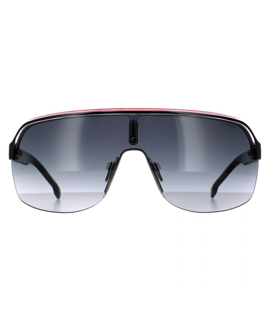 Carrera zonnebrillen Topcar 1/n T4O 9o zwart kristal wit rood donkergrijze gradiënt zijn een zonnebril in vizierstijl met een grote lens en een dikke wenkbrauwstang met trendy wendingen over de bovenkant.