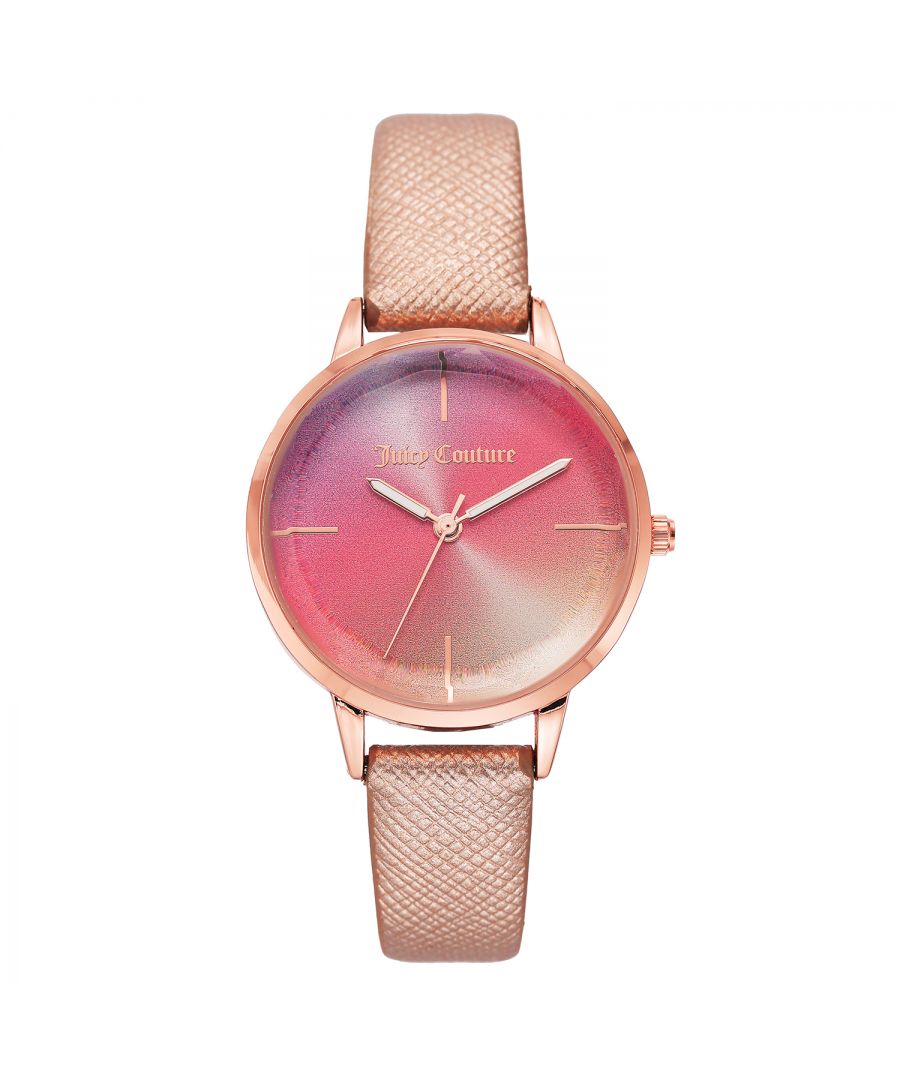 Juicy Couture Watch JC/1256RGRG\nGender: Women\nMain color: Rose Gold\nClockwork: Quartz: Battery\nDisplay format: Analog\nWater resistance: 0 ATM\nClosure: Pin Buckle\nFunctions: No Extra Function\nCase color: Rose Gold\nCase material: Metal\nCase width: 34\nCase length: 34\nFacing: None\nWristband color: Rose Gold\nWristband material: Leatherette\nStrap connecting width: 14\nWrist circumference (max.): 19.5\nShipment includes: Watch box\nStyle: Fashion\nCase height: 8\nGlass: Mineral Glass\nDisplay color: Multicolor\nPower reserve: No automatic\nbezel: none\nWatches Extra: None