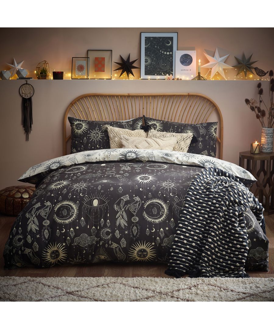 Make your bedroom mystical with this Constellation duvet set. Featuring a vibrant galaxy of moon and stars surrounded by mystical jewels. The magic continues to the reverse with a coordinating design on a neutral base so you can switch the look when you need to. Single size includes one matching pillowcase measuring 50 x 75cm (20