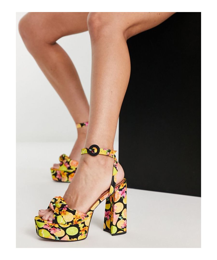 Heels by ASOS DESIGN Hit new heights Fruit print Pin-buckle ankle strap Knot detail Peep toe Platform sole High block heel  Sold By: Asos