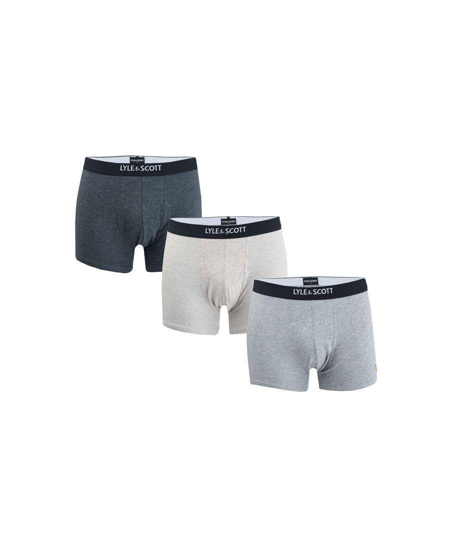 Mens Lyle And Scott Nathan 3 Pack Boxer Shorts in grey.-  Elasticated waistband.- Lyle And Scott branding to the waist.- 3 pack.- Iconic Lyle and Scott branding to the left hem.- Double layer pouch.- 95% Cotton  5% Elastane. Machine washable.- Ref: NATHAN356XS = 34-36inS = 36-38inM = 38-40inWe regret that underwear is non-returnable due to hygiene reasons.