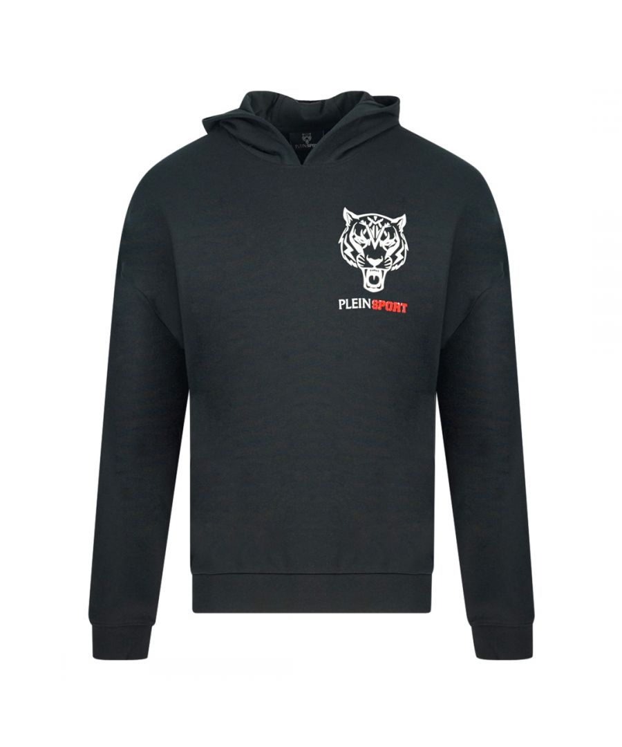 Plein Sport Block Tiger-logo op de borst Zwarte hoodie. Philipp Plein sport zwarte hoodie. 52% katoen, 48% polyester. Plein-branding. Normale pasvorm, valt normaal qua maat. Stijlcode: FIPSC1317 98