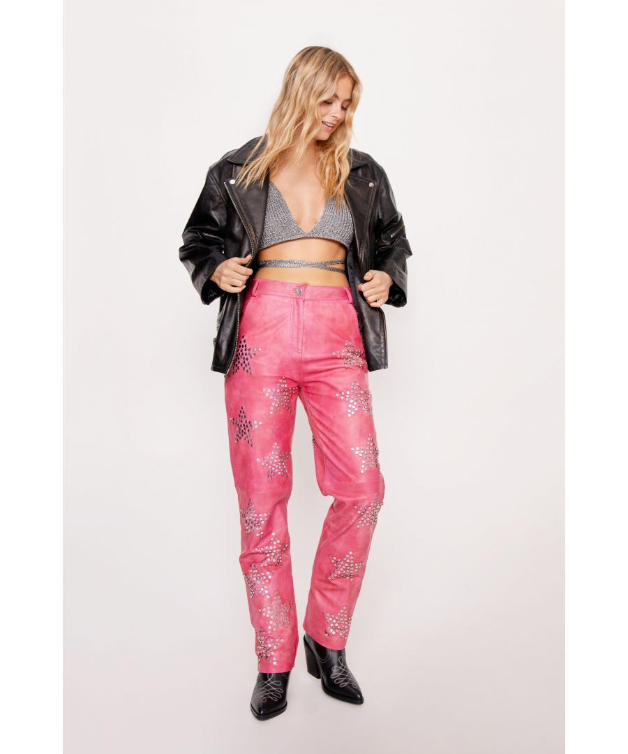 NastyGal Womens Petite Real Leather Star Studded Straight Leg Trousers - Pink - Size 10 Regular