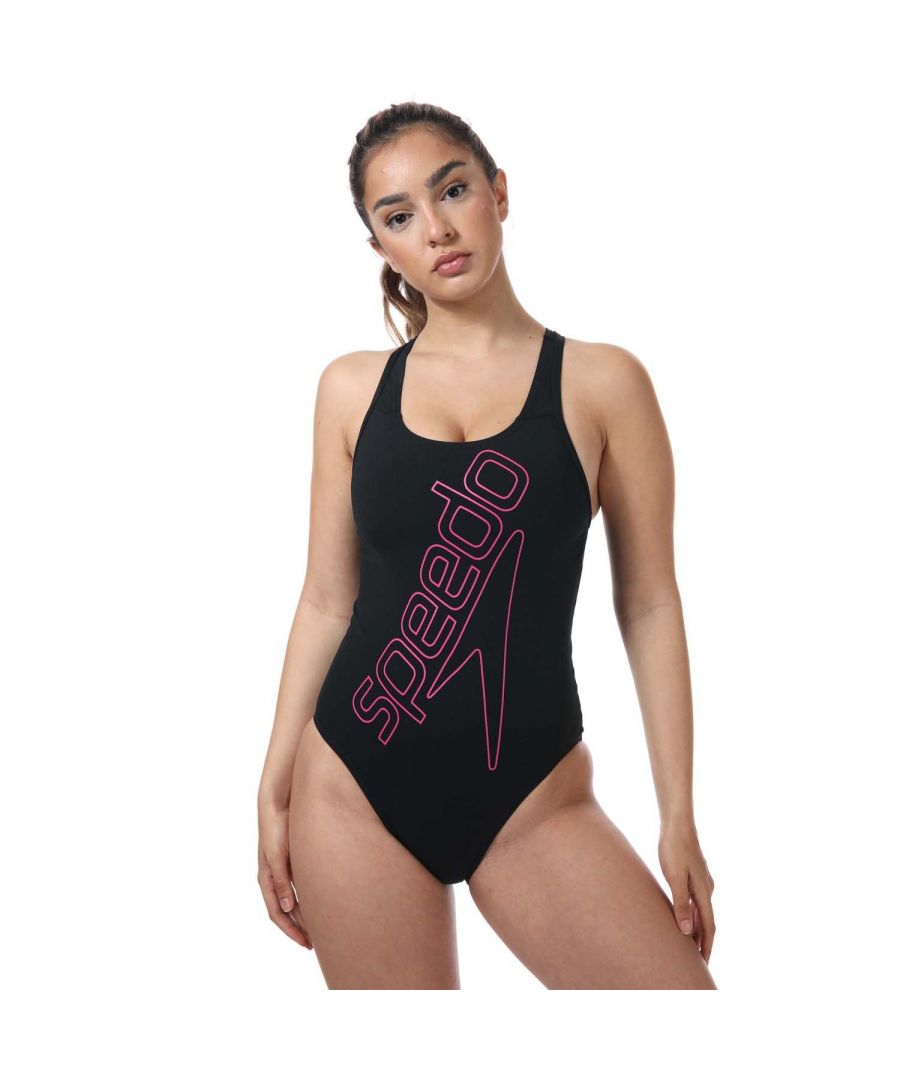 Womens Speedo Boom Logo Placement Flyback Swimsuit in black - pink.- Skinny racerback straps.- Supersized Speedo logo.- Flyback design offers greater flexibility and freedom of movement  so you can swim in comfort.- Higher chlorine resistance than standard swimwear fabrics fits like new for longer with CREORA HighClo.- Shape Retention fabric stretches so you can enjoy your swim without feeling restricted.- Body: 53% Polyester  47% PBT Polyester. Lining: 100% Polyester.- Ref: 812320B344