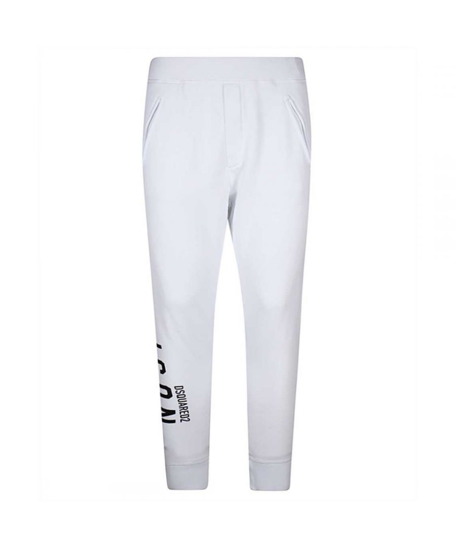 Dsquared2 ICON White Sweatpants. Dsquared2 S79KA0002 S25042 100 White Sweatpants. 100% Cotton, Made In Italy. Regualr Fit. Cuffed Waist and Bottoms. Large ICON Logo on Side