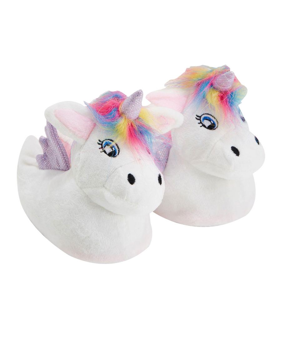 Girls White Unicorn Slippers with Rainbow Hair✔ Girls White Unicorn Slippers✔ Dotted Sole✔ White✔ 4 Sizes Available✔ Rainbow Hair✔ Warm & Cosy✔ 3D Design✔ Slip On✔ Fun Gift Idea✔ Cushioned✔ Machine Washable